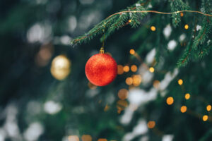 Weihnachten rote Christbaumkugel Tannenzweig Lichter Logopädie Praxis Selbstredend Nürtingen